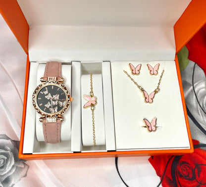 Ensemble bijoux et montre rose